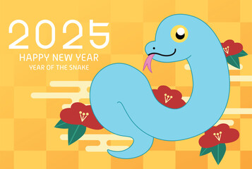Happy chinese new year of the snake cute card illustration. Zodiac snake on auspicious clouds background.
