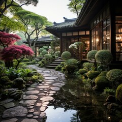 Fototapeta premium b'Japanese Garden with Traditional House and Stone Path'