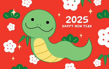 Happy new year of the snake 2025 greeting card. Cute cartoon snake with plum blossoms flowers, pine and bamboo pattern.