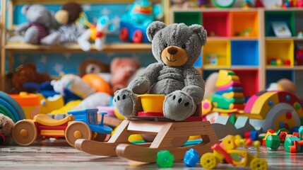 Gray teddy bear on a wooden rocking horse with a vibrant playroom background