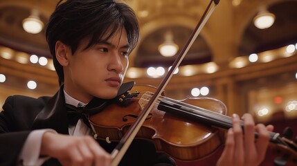 Musician in tuxedo performs classical music on violin in auditorium