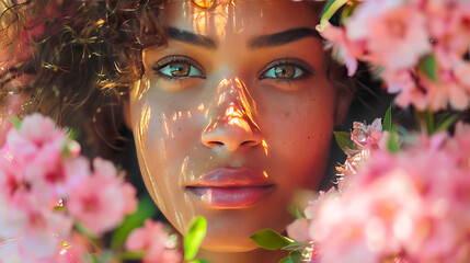 Close-up of a woman's face surrounded by pink blooms, illuminated by warm sunlight