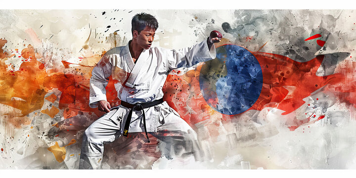 The South Korean Flag with a Taekwondo Master and a Kimchi Maker - Imagine the South Korean flag with a Taekwondo master representing Korean martial arts and a kimchi maker symbolizing Korean cuisine