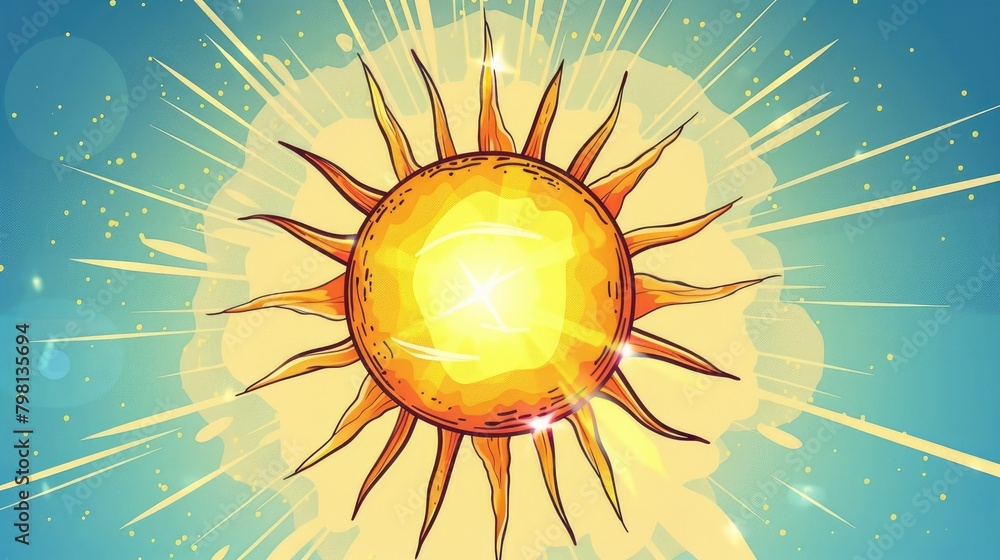 Poster cartoon of a shiny sun on its own not connected to anything else