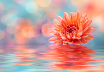Vibrant orange chrysanthemum floating in the water, reflecting the colors of its petals in the clear, sparkling waters
