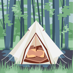 Adventure camping scene. Forest landscape with a tent. Summer travel and active rest. Flat graphic vector illustration.