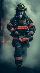 Naklejka premium b'Firefighter in protective gear walking through a burning building'