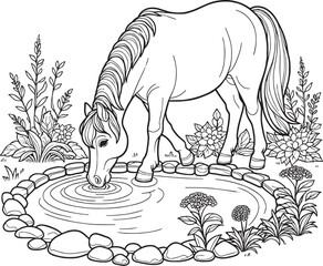 Coloring page outline of cute horse Little outline animal vector Black and white
