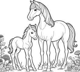 Coloring page outline of cute horse Little outline animal vector Black and white
