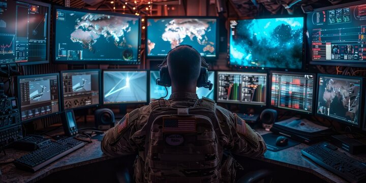 b'Soldier at a computer workstation with multiple screens'
