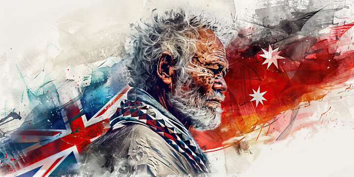 The Australian Flag with an Aboriginal Artist and a Lifesaver - Visualize the Australian flag with an Aboriginal artist representing Australia's indigenous culture and a lifesaver
