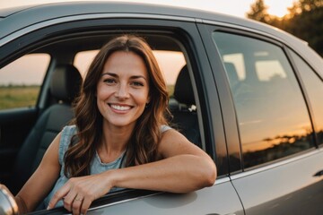 Portrait of smiling Woman sitting in car at sunset