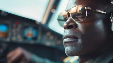 a close up of a man wearing glasses and headphones while driving an airplane