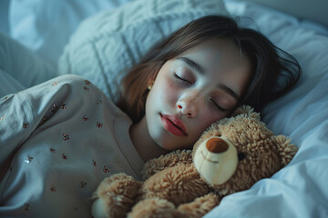 A young girl sleeping peacefully in her bed with a stuffed bear - 798136252