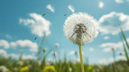 White, fluffy dandelion slightly bent from the wind against the backdrop of a green meadow with flowers and a blue sky.
