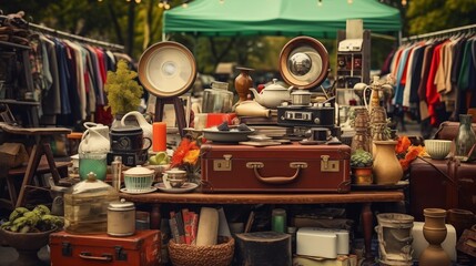 Second hand old household objects for sale at flea market, garage sale, thrift store, charity shop. Zero waste, sustainable lifestyle.