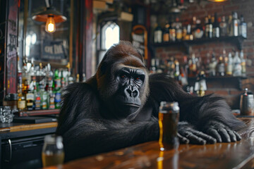 800-pound gorilla expression, a gorilla sitting in a bar with a drink - 798136649