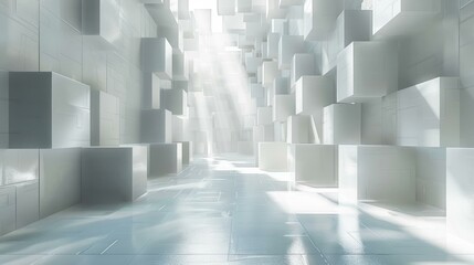 b'Futuristic Sci-Fi Corridor With Bright White Light Rays 3D Illustration'