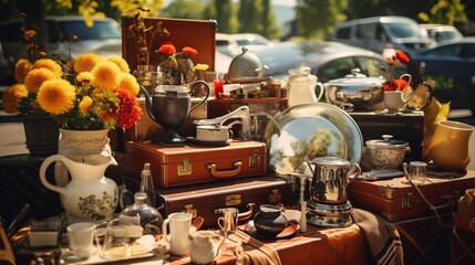 Second hand old household objects for sale at flea market, garage sale, thrift store, charity shop. Zero waste, sustainable lifestyle.