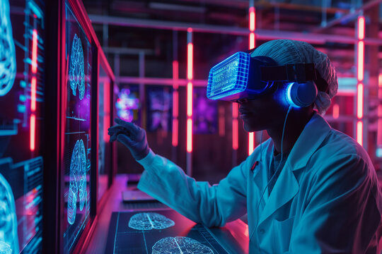 Man in VR headset studying brain on screen