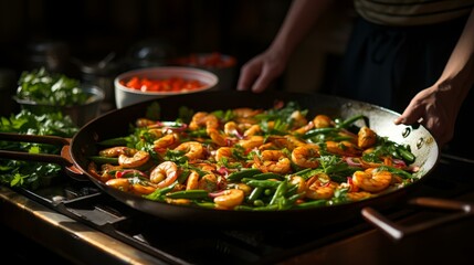 b'person cooking shrimp and vegetables in a pan'