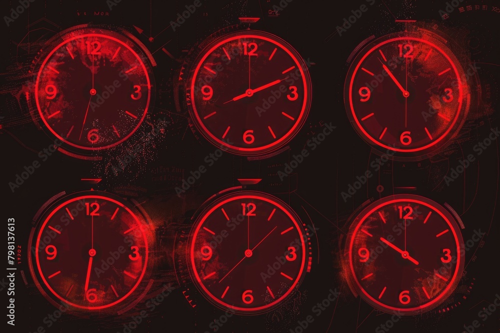 Poster four clocks displaying various times, perfect for illustrating different time zones or scheduling co