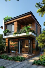 Fototapeta premium b'Modern two-story house with a beautiful exterior design'