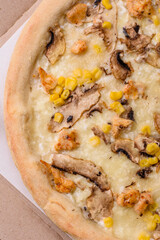 Delicious pizza with corn, cheese, tomatoes and mushrooms, salt, spices and herbs