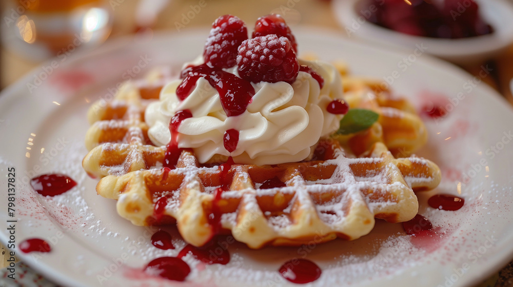 Poster waffle with raspberry and cream