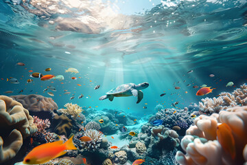 Coral reef and fishes with marine life