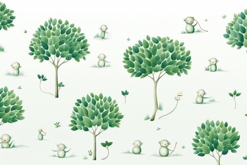 Playful treedwelling monkeys, plant designs, simple line repeat, childlike flat graphics, white canvas ,  cute drawing