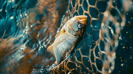 Close up view of a common bream caught in a fishing net
