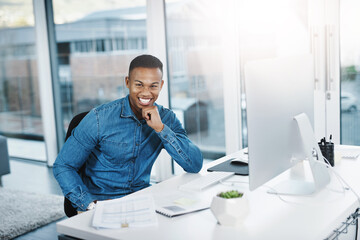 Portrait, black man and computer in office, workplace or desktop for online work. Technology, desk...
