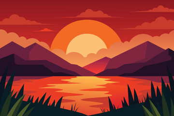 Dramatic sunset at lake with grass and mountains vector