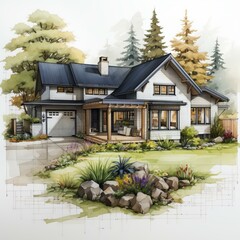 b'Modern Farmhouse Exterior Design with Landscaping' - obrazy, fototapety, plakaty