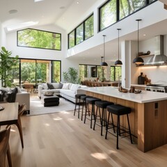 b'An open concept living space with a large kitchen island and a high ceiling'