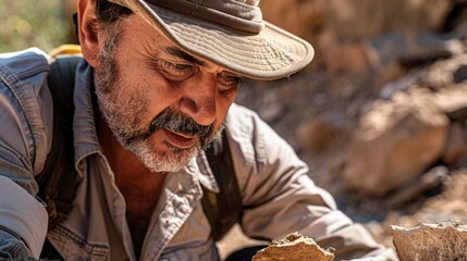 A man with a beard and sun hat smiles while looking at a rock in the landscape