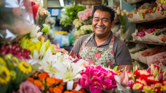 b'Portrait of a smiling florist in his flower shop'