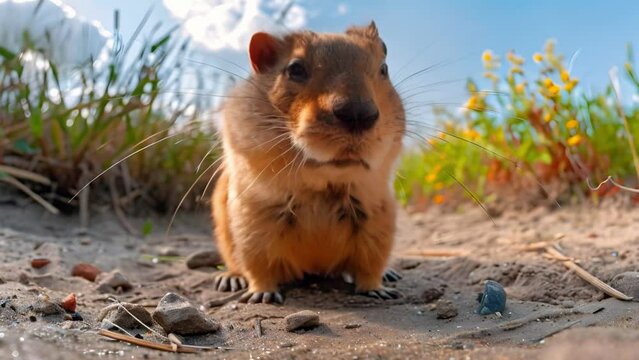 Close-up shot of a curious lemming in its natural habitat with a distorted fisheye effect. Concept Wildlife Photography, Close-up Shots, Fisheye Effect, Curious Lemming, Natural Habitat