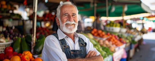 Senior man with white beard standing at a vegetable market stall. Portrait photography with blurred market background