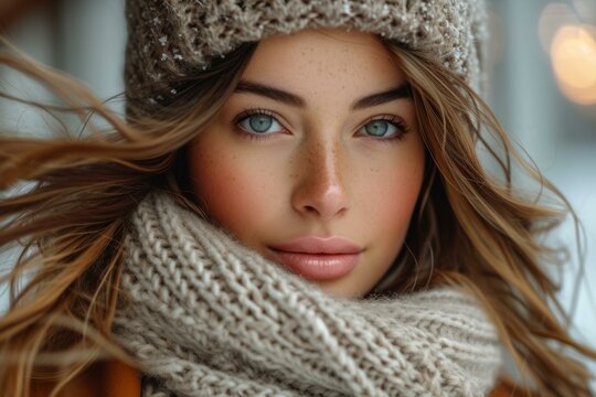 b'portrait of a beautiful young woman with freckles and blue eyes wearing a brown knitted hat and scarf'