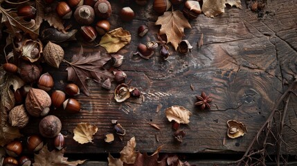 Assorted Nuts and Leaves on Wooden Surface