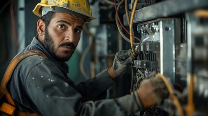 A military person in a helmet gestures while working on engineering machine