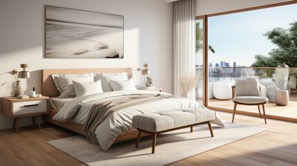 b'Modern bedroom with a view of the city'