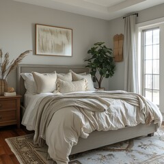 b'A cozy bedroom with a neutral color palette'