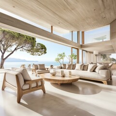 b'Modern minimalist villa living room interior with large windows overlooking the sea'