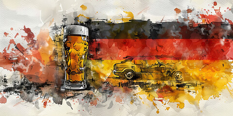 The German Flag with a Beer Brewer and a Car Manufacturer - Picture the German flag with a beer brewer representing Germany's beer culture and a car manufacturer symbolizing the country's automotive i