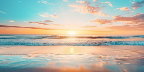 Naklejka premium b'Tranquil setting of beach with setting sun and gentle waves under a vivid sky'