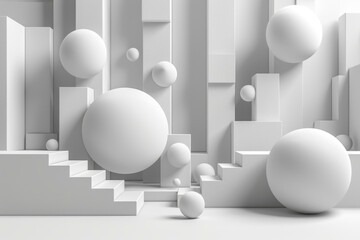 b'White minimalist geometric shapes composition with stairs and floating spheres'