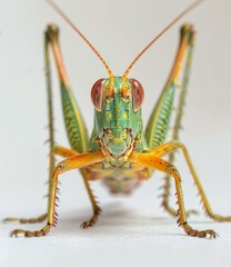 b'A green and orange katydid on a white surface'